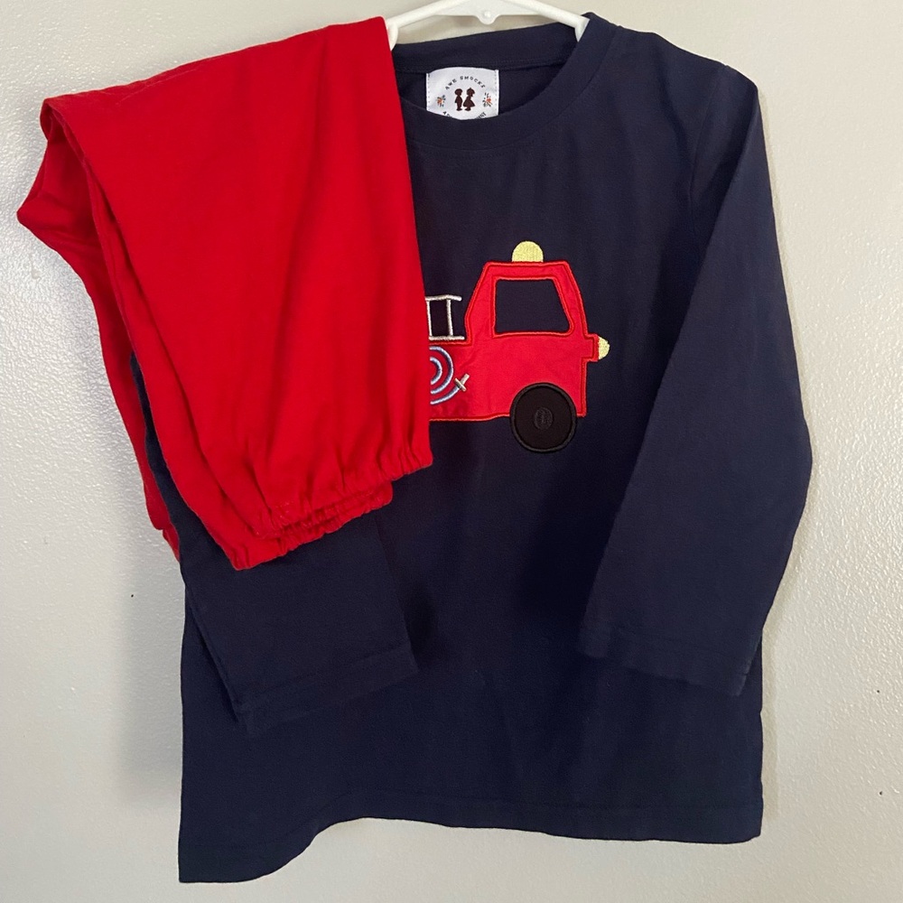 Awe Smocks Boys Fire Truck Embroidered Shirt Outfit Set